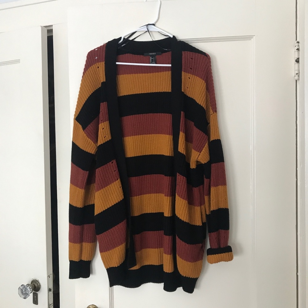 Forever 21 Black, Mustard & Rust Striped Open-Front Cardigan